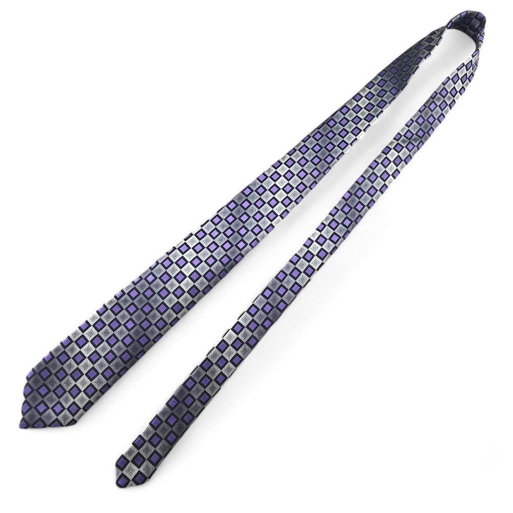 Bespoke New York Mens Neck Tie Silver Purple Polyester Geometric Check 60L 3W